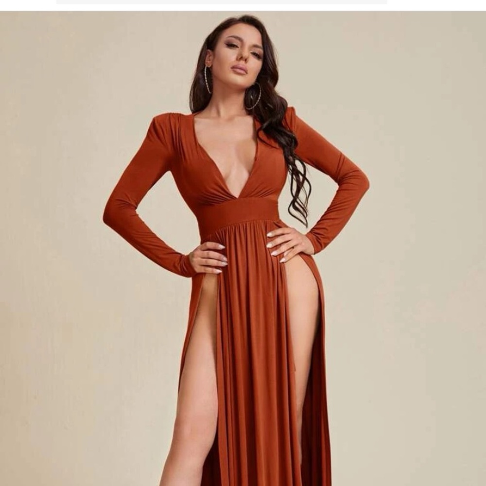 Plunging high neck split dress